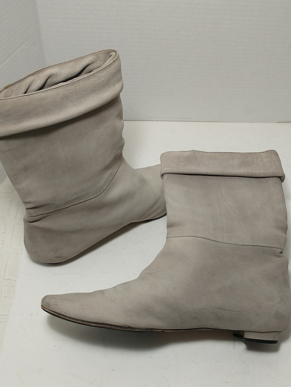 Manolo Blahnik Slouchy Ankle Boot, Gray/Beige, Size 9, Cottage Core, Granny Core
